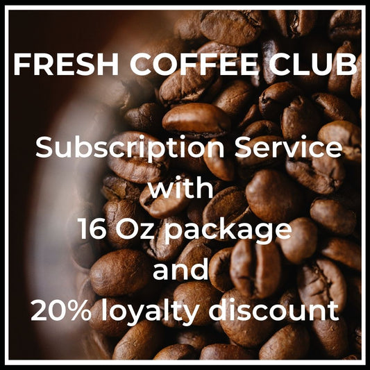 This is a title page image for our Fresh Coffee Club Subscription Service with a 16 Oz package and a twenty percent loyalty discount.  Light lettering sitting on warm brown whole roasted coffee beans.  Many options and customizations available for shipping direct from our micro roastery to your door on a weekly or monthly schedule. Call 315 225 4202 for more info or help navigating the many customization options. cheers.