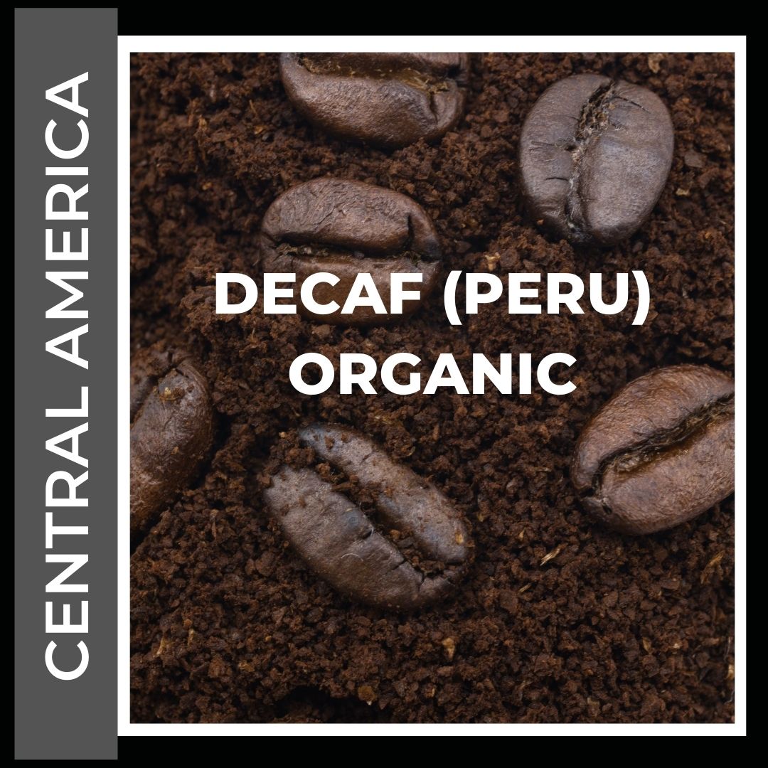 Decaf (Peru) Organic Coffee. This is a title page Image to click into the various size and consistency options available. This is a picture of coffee beans sitting on ground coffee on a  steel grey colored background to denote this coffee is a special option being Decaf and Swiss Water Process.  It comes from the Main coffee growing region of Central America.