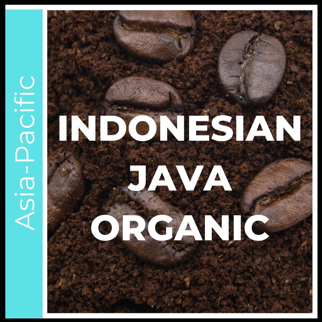 Indonesian Java Organic Coffee. Light letters on top of rich brown roasted coffee. This is a title page image to click into the various size and consistency options available for this specialty grade coffee origin. This is a picture of coffee beans sitting on ground coffee on a bright teal sea colored background to denote this coffee comes from the main coffee growing region of the Asia-Pacific or the Indonesian Islands.