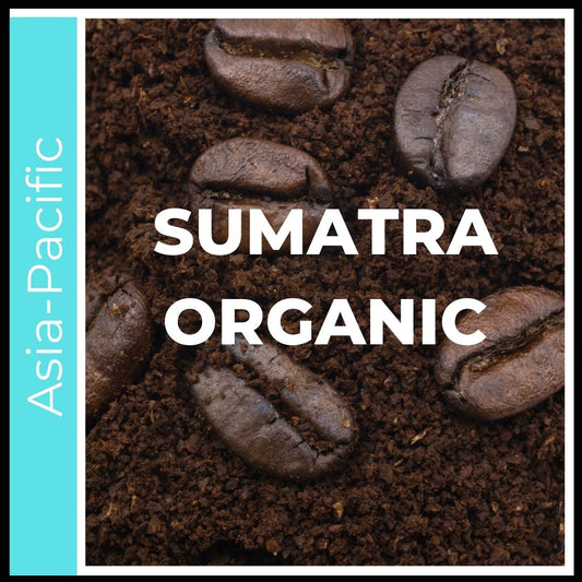 Sumatra Organic Coffee. Light letters on top of rich brown roasted coffee. This is a title page image to click into the various size and consistency options available for this specialty grade coffee origin. This is a picture of coffee beans sitting on ground coffee on a bright teal sea colored background to denote this coffee comes from the main coffee growing region of the Asia-Pacific or the Indonesian Islands.